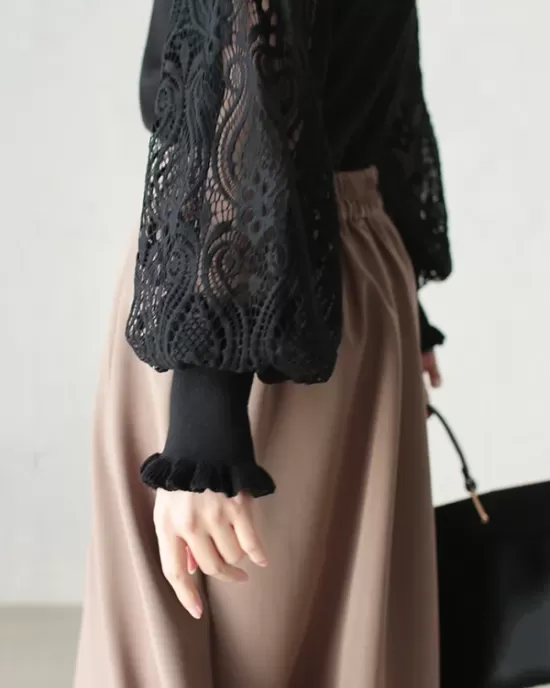 Original Loose Hollow Lace Round-Neck Long Puff Sleeves Sweater Pullovers