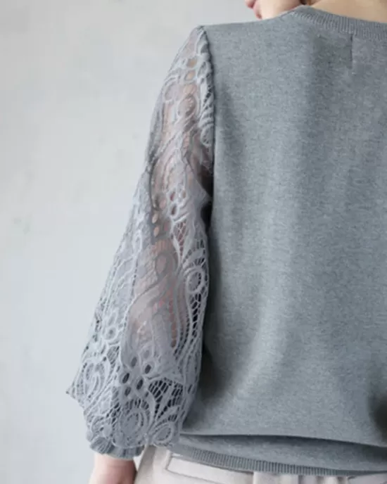 Original Loose Hollow Lace Round-Neck Long Puff Sleeves Sweater Pullovers