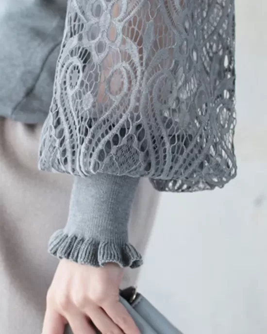 Original Loose Hollow Lace Round-Neck Long Puff Sleeves Sweater Pullovers