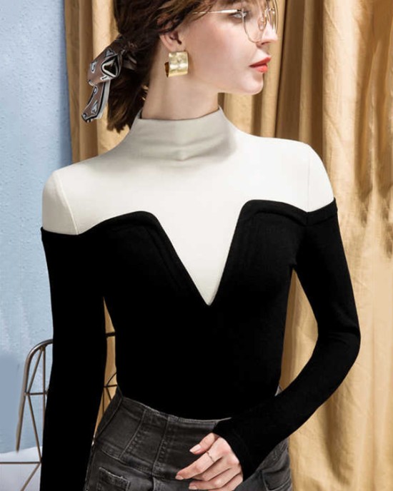 Vintage Contrast Color High-Neck Long Sleeves Pullover