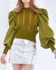 Original Skinny Puff Sleeves Hollow Split-Joint Round-Neck Sweater Tops