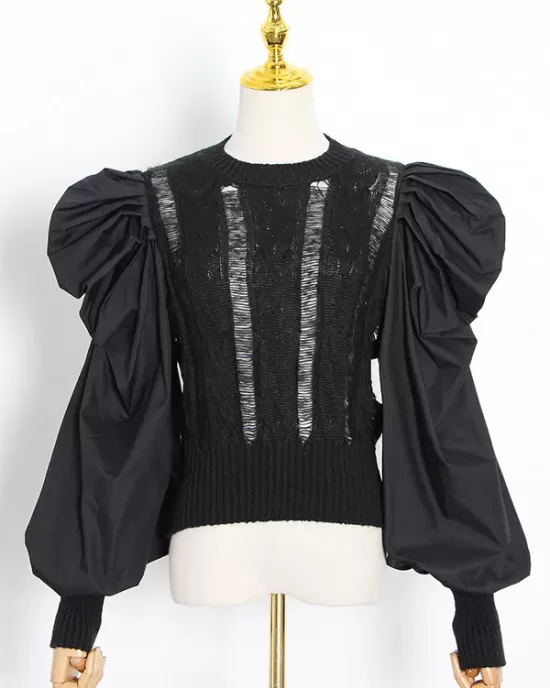 Original Skinny Puff Sleeves Hollow Split-Joint Round-Neck Sweater Tops