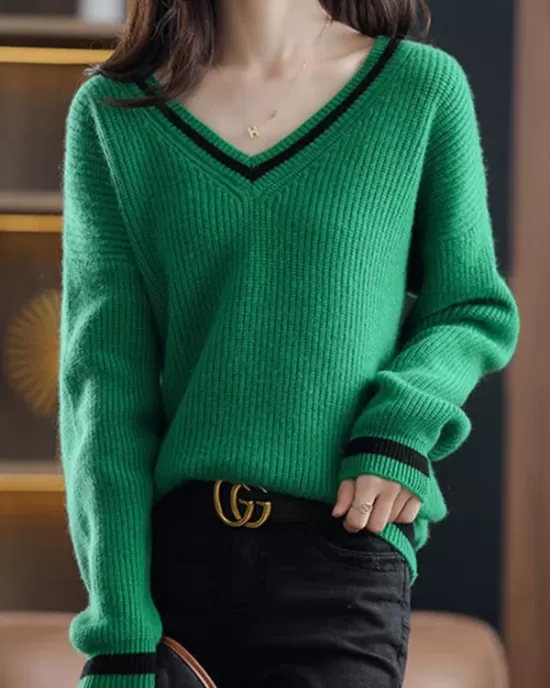 Urban Loose Long Sleeves Contrast Color V-Neck Sweater Tops