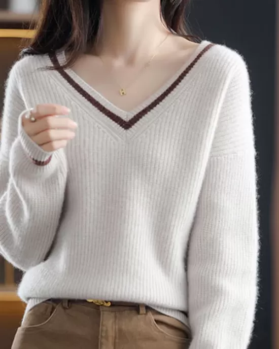 Urban Loose Long Sleeves Contrast Color V-Neck Sweater Tops