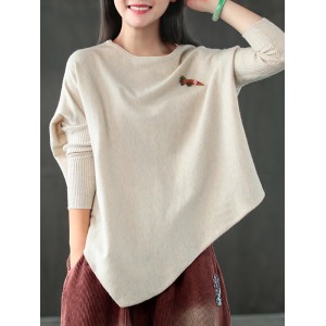 Simple Loose Long Sleeves Solid Color Round-Neck Sweater Tops