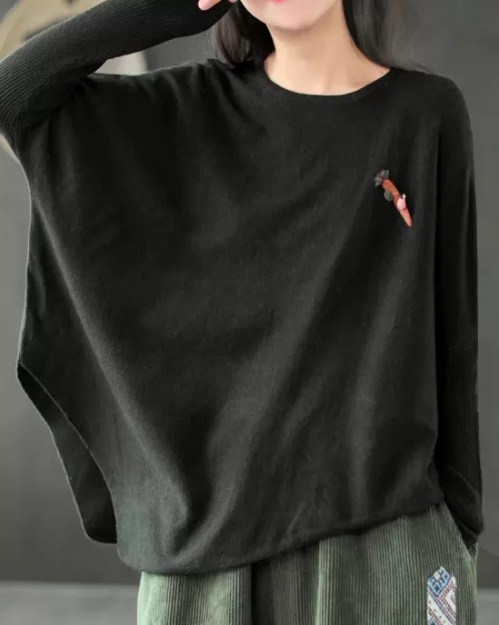 Simple Loose Long Sleeves Solid Color Round-Neck Sweater Tops