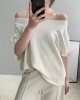 Solid Color Half Sleeves Loose Off-The-Shoulder Sweater Tops Pullovers Knitwear