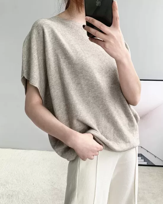 Solid Color Half Sleeves Loose Off-The-Shoulder Sweater Tops Pullovers Knitwear