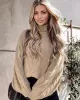 Simple Long Sleeves Loose Jacquard Solid Color High-Neck Sweater Tops