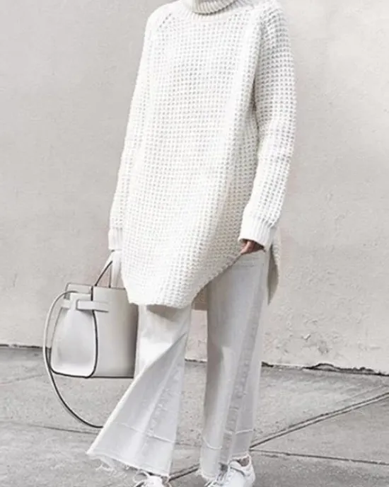 Loose Solid Knitting High-neck Long Sweater