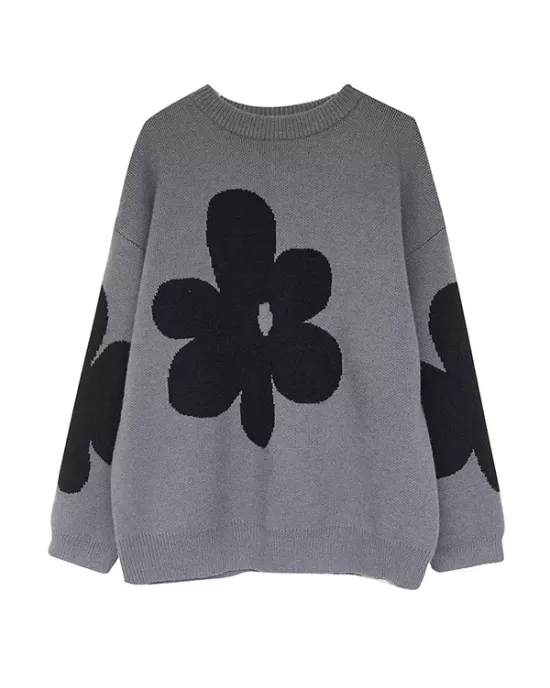 Casual Loose Long Sleeves Contrast Color Jacquard Round-Neck Sweater Tops