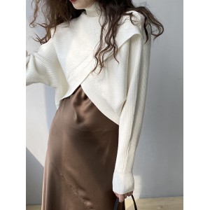 Asymmetric Solid Color Split-Front Long Sleeves High-Neck Sweater Pullovers Knitwear