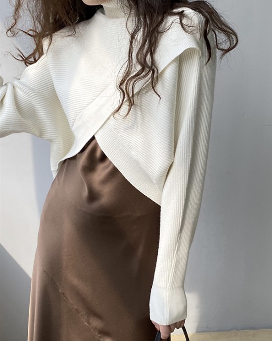 Asymmetric Solid Color Split-Front Long Sleeves High-Neck Sweater Pullovers Knitwear