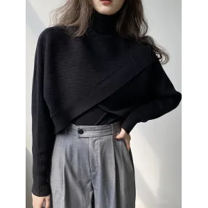 Asymmetric Solid Color Split-Front Long Sleeves High-Neck Sweater Pullovers Knitwear