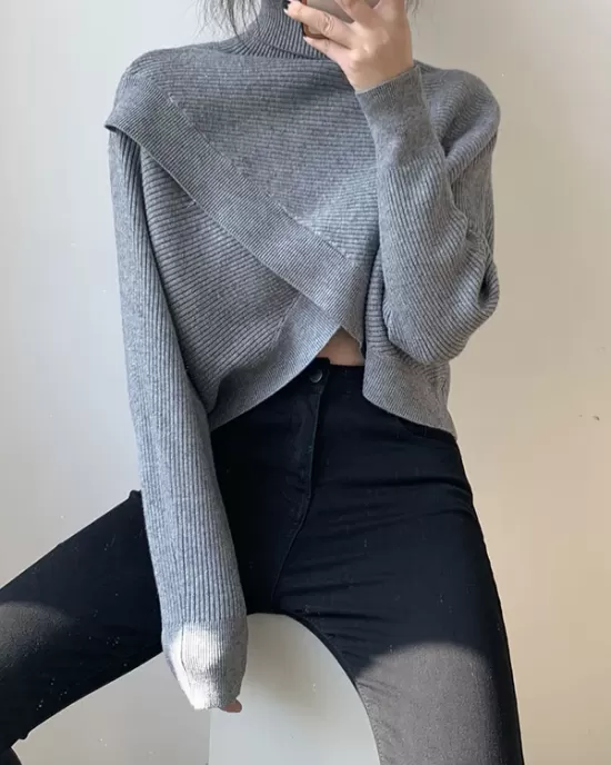 Asymmetric Solid Color Split-Front Long Sleeves High-Neck Sweater Pullovers Knitwear