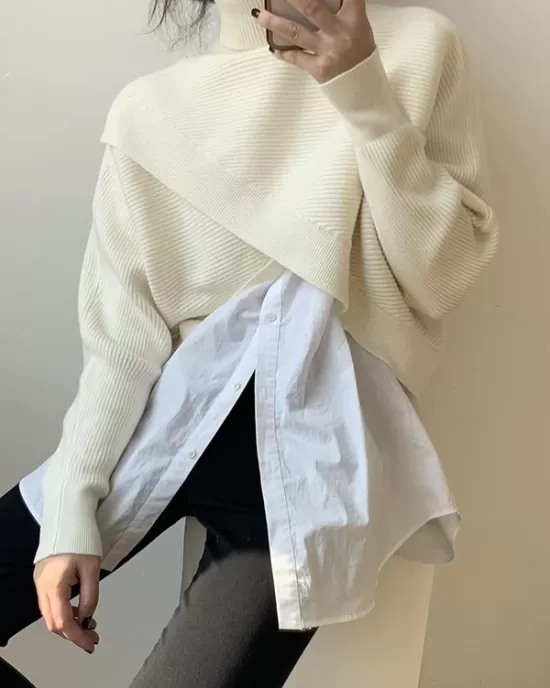 Asymmetric Solid Color Split-Front Long Sleeves High-Neck Sweater Pullovers Knitwear