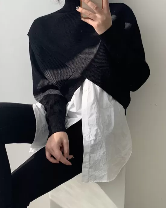 Asymmetric Solid Color Split-Front Long Sleeves High-Neck Sweater Pullovers Knitwear