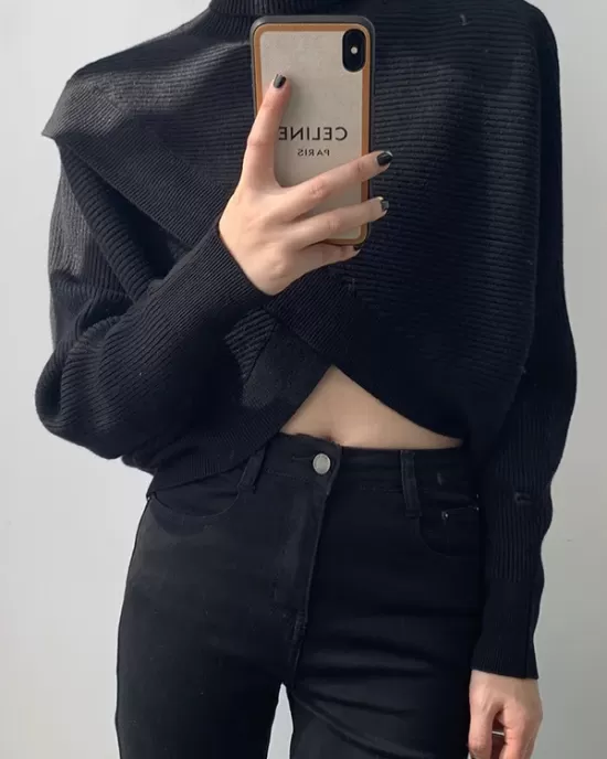 Asymmetric Solid Color Split-Front Long Sleeves High-Neck Sweater Pullovers Knitwear