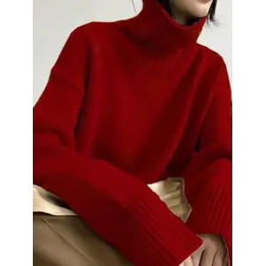 Casual Loose Long Sleeves Solid Color High-Neck Sweater Tops