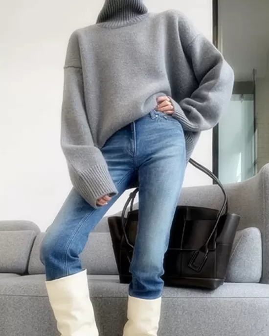 Casual Loose Long Sleeves Solid Color High-Neck Sweater Tops