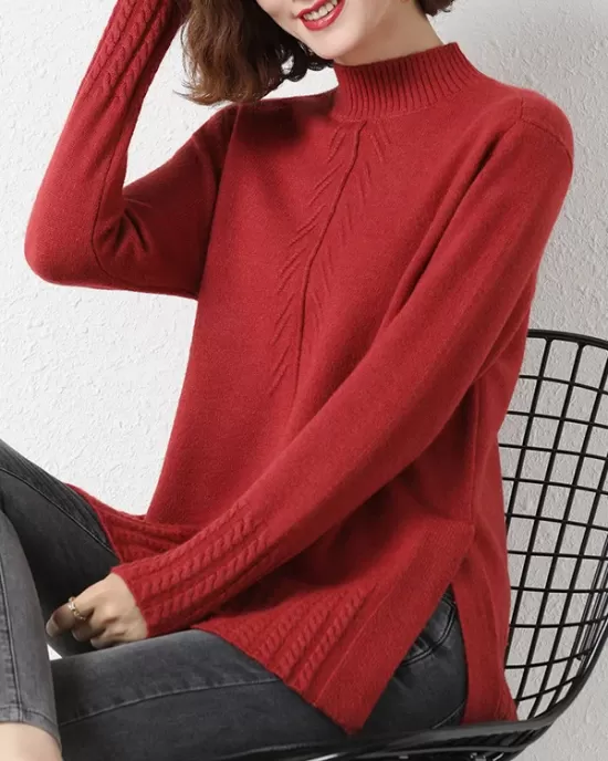 Loose Split-Side Solid Color Half Turtleneck Sweater Tops