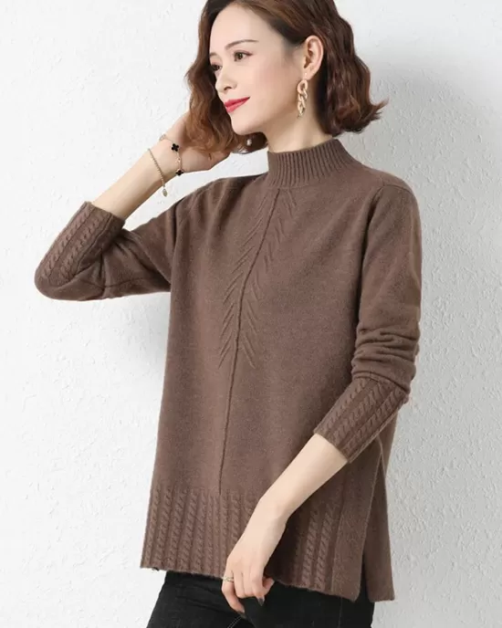 Loose Split-Side Solid Color Half Turtleneck Sweater Tops