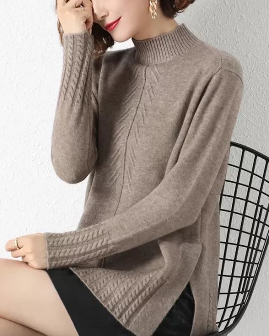 Loose Split-Side Solid Color Half Turtleneck Sweater Tops