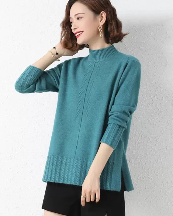 Loose Split-Side Solid Color Half Turtleneck Sweater Tops