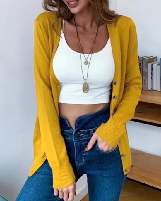 Simple Long Sleeves Buttoned Solid Color Sweater Cardigan Tops