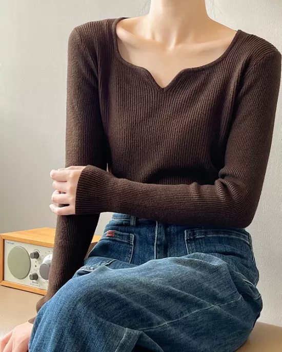 Urban Skinny Long Sleeves Elasticity Solid Color V-Neck Sweater Tops Pullovers