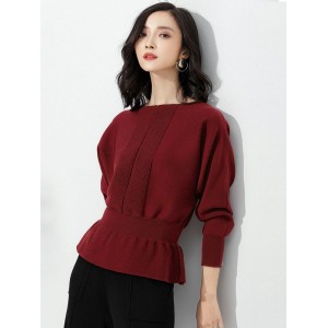 Casual Long Sleeves Solid Color Boat Neck Tunic Sweater Tops