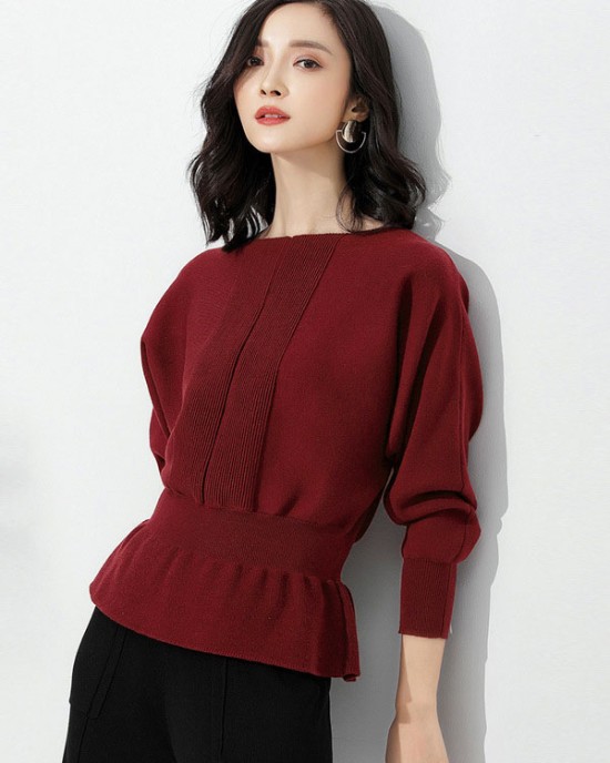 Casual Long Sleeves Solid Color Boat Neck Tunic Sweater Tops