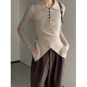 Asymmetric Buttoned Hollow Long Sleeves Skinny Lapel Sweater Pullovers Knitwear