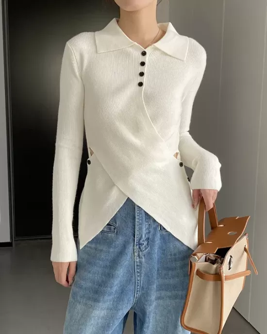 Asymmetric Buttoned Hollow Long Sleeves Skinny Lapel Sweater Pullovers Knitwear