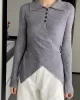 Asymmetric Buttoned Hollow Long Sleeves Skinny Lapel Sweater Pullovers Knitwear