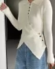 Asymmetric Buttoned Hollow Long Sleeves Skinny Lapel Sweater Pullovers Knitwear