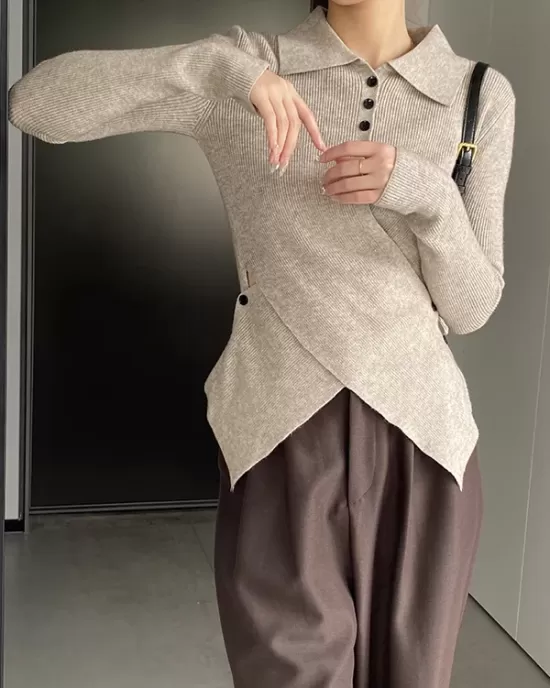 Asymmetric Buttoned Hollow Long Sleeves Skinny Lapel Sweater Pullovers Knitwear