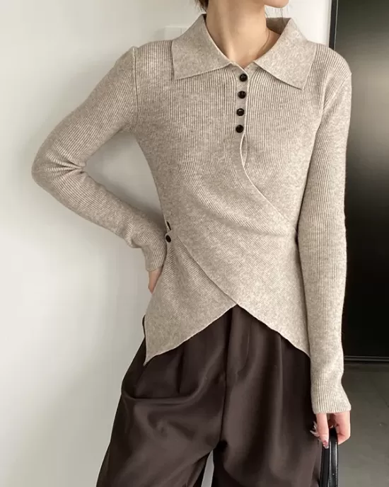 Asymmetric Buttoned Hollow Long Sleeves Skinny Lapel Sweater Pullovers Knitwear