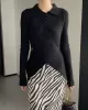 Asymmetric Buttoned Hollow Long Sleeves Skinny Lapel Sweater Pullovers Knitwear