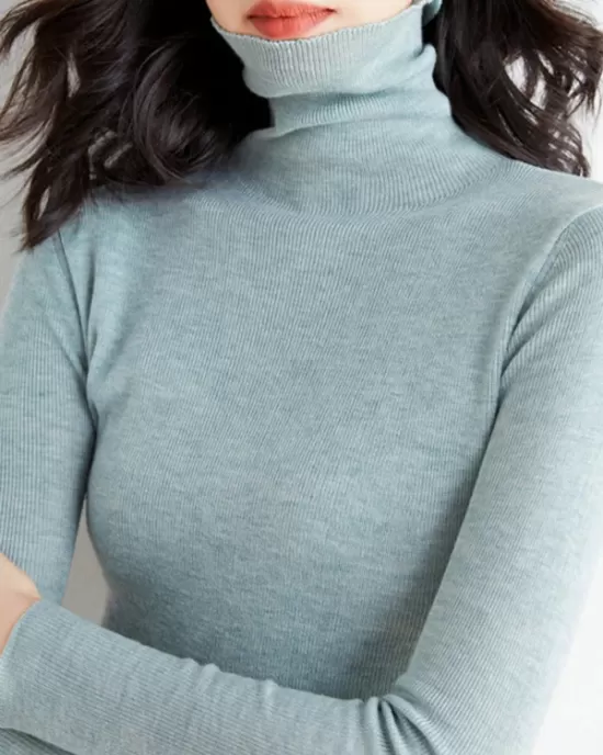 Simple Skinny Long Sleeves Solid Color High-Neck Sweater Tops Pullovers