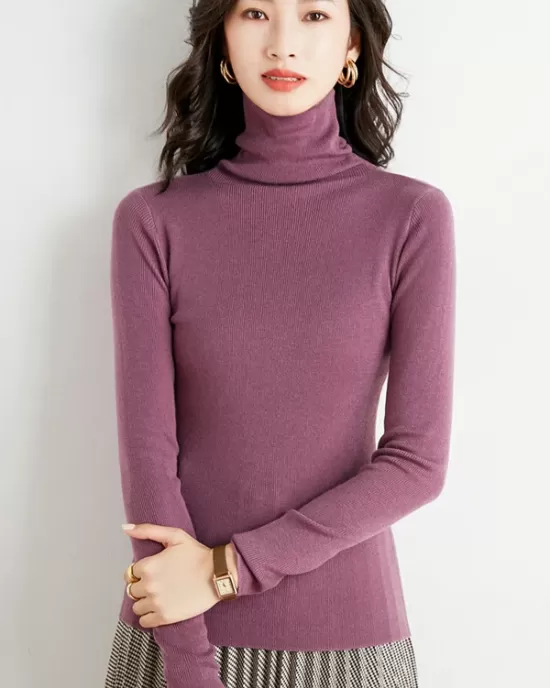 Simple Skinny Long Sleeves Solid Color High-Neck Sweater Tops Pullovers