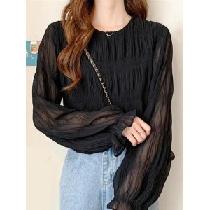 Pleated Solid Color Flared Sleeves Loose Round-Neck T-Shirts