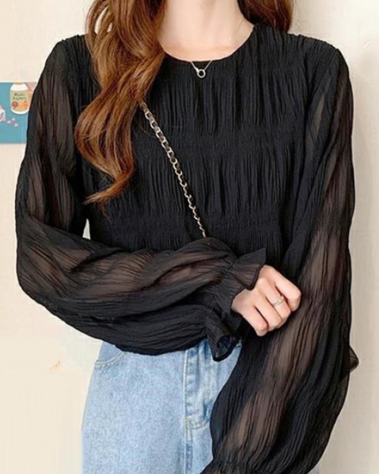 Pleated Solid Color Flared Sleeves Loose Round-Neck T-Shirts