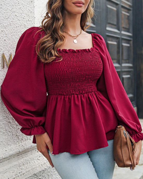 Elasticity Pleated Solid Color Long Sleeves Puff Sleeves Square-Neck T-Shirts