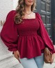 Elasticity Pleated Solid Color Long Sleeves Puff Sleeves Square-Neck T-Shirts