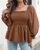 Elasticity Pleated Solid Color Long Sleeves Puff Sleeves Square-Neck T-Shirts