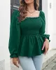 Elasticity Pleated Solid Color Long Sleeves Puff Sleeves Square-Neck T-Shirts