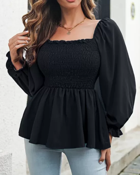 Elasticity Pleated Solid Color Long Sleeves Puff Sleeves Square-Neck T-Shirts