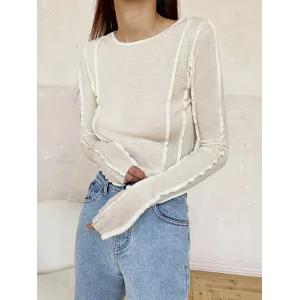 Pleated Solid Color Long Sleeves Skinny Round-Neck T-Shirts