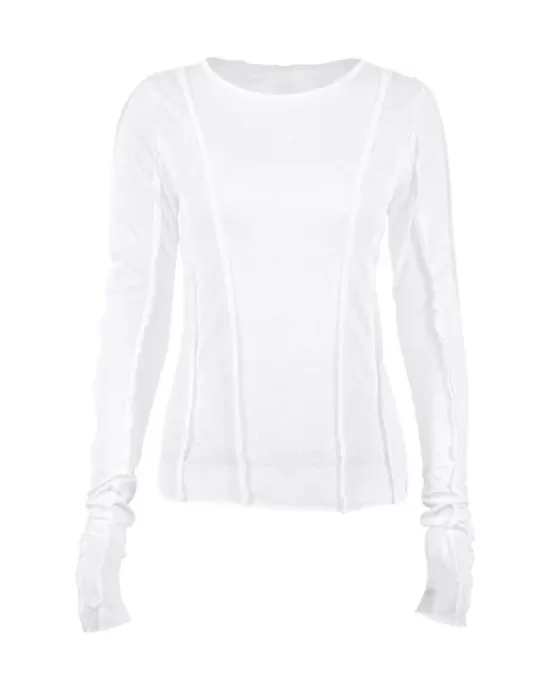 Pleated Solid Color Long Sleeves Skinny Round-Neck T-Shirts